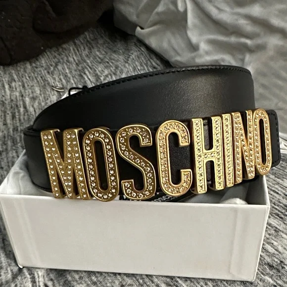 Moschino Black Belt with Gold Lettering